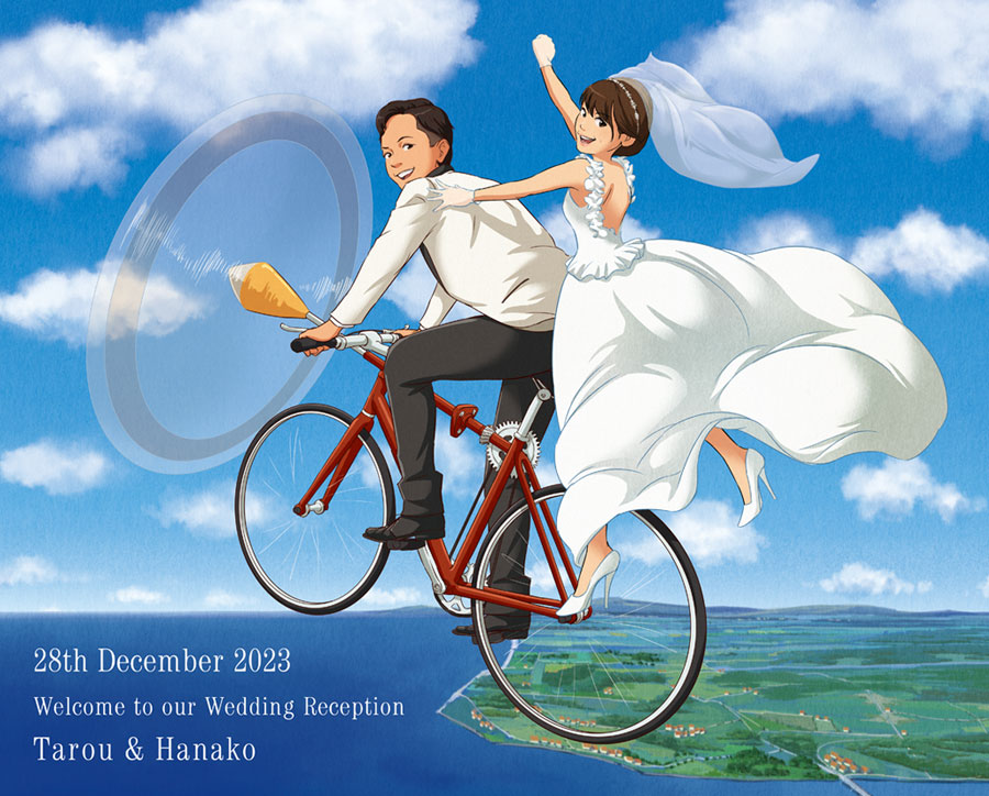 プロペラ自転車に乗って空を飛ぶ新郎新婦 アニメのウェルカムボード
